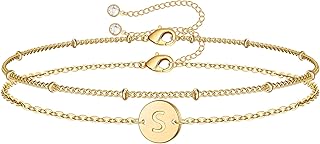 MONOZO 14K Gold Plated Layered Beaded Letter Initial Bracelet